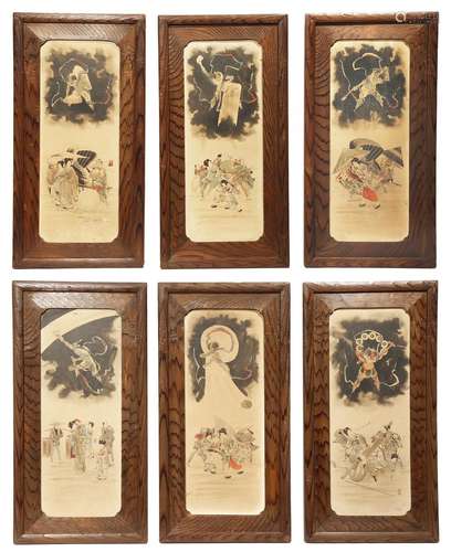 A SET OF SIX JAPANESE WATERCOLOUR PAINTINGS ON PAPER MEIJI PERIOD, 19TH CENTURY The upper halves