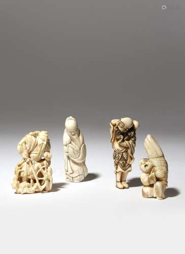 FOUR JAPANESE IVORY NETSUKE MEIJI PERIOD, 19TH CENTURY Two carved as Tobosaku Sennin and the Peach