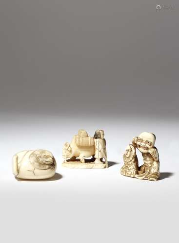 THREE JAPANESE NETSUKE MEIJI PERIOD, 19TH CENTURY One in stag antler carved as a monkey resting