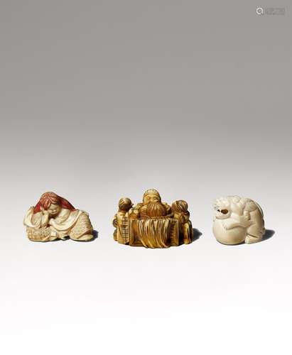 THREE JAPANESE IVORY NETSUKE MEIJI PERIOD,, 19TH CENTURY One depicting a drunk shojo lying against a