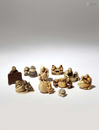 NINE JAPANESE IVORY NETSUKE AND AN OJIME EDO PERIOD AND LATER, 18TH CENTURY AND LATER Carved as