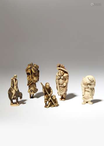 FOUR JAPANESE IVORY NETSUKE MEIJI PERIOD, 19TH CENTURY One carved as Shoki the Demon Queller with