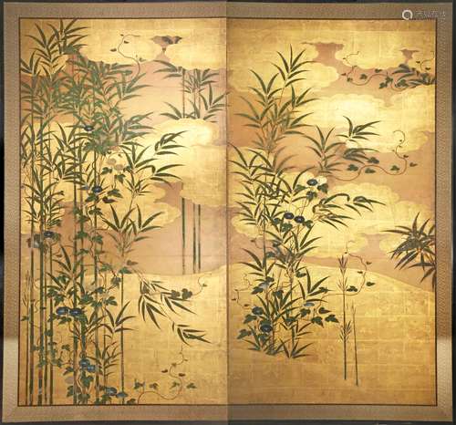 A JAPANESE RIMPA SCHOOL TWO-FOLD PAPER SCREEN, BYOBU EDO PERIOD, 18TH CENTURY Painted in ink and