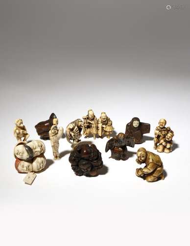 ELEVEN JAPANESE WOOD, LACQUER AND IVORY NETSUKE MEIJI PERIOD, 19TH CENTURY Variously depicting