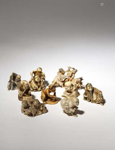 NINE JAPANESE IVORY NETSUKE MEIJI PERIOD, 19TH CENTURY Depicting figures engaged in a variety of