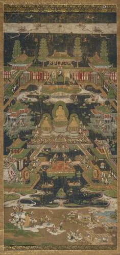 A JAPANESE SCROLL PAINTING OF THE PURE LAND OF AMIDA BUDDHA, TAIMA MANDALA KAMAKURA PERIOD OR LATER,