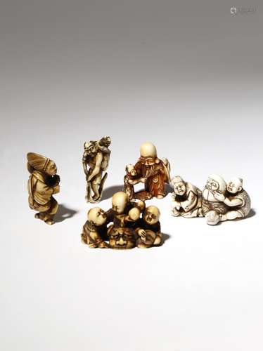 FIVE JAPANESE IVORY NETSUKE MEIJI PERIOD, 19TH CENTURY Depicting figures engaged in various