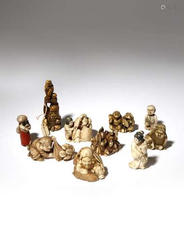 NINE JAPANESE IVORY NETSUKE MEIJI PERIOD, 19TH CENTURY Depicting figures engaged in various