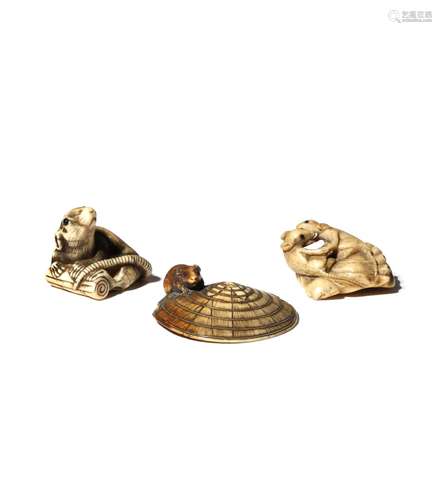 THREE JAPANESE NETSUKE OF RATS MEIJI PERIOD, 19TH CENTURY Two in ivory, the first depicted on a