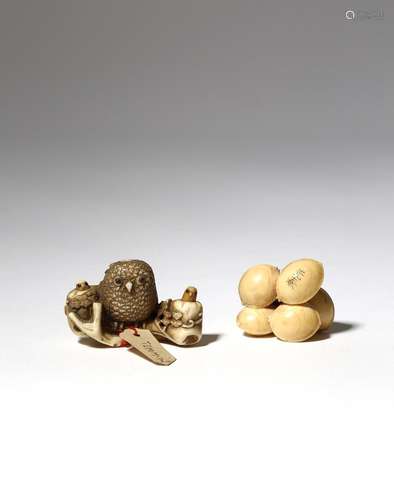 TWO JAPANESE IVORY NETSUKE MEIJI PERIOD, 19TH CENTURY One depicting an owl, the plump bird perched