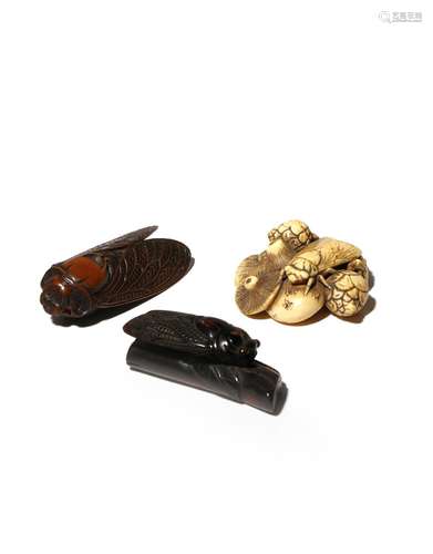 THREE JAPANESE NETSUKE OF CICADAS MEIJI PERIOD, 19TH CENTURY One in umimatsu and carved resting on a