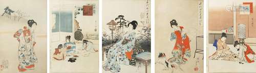 FIVE JAPANESE WOODBLOCK PRINTS MEIJI PERIOD, LATE 19TH CENTURY Depicting beauties and children