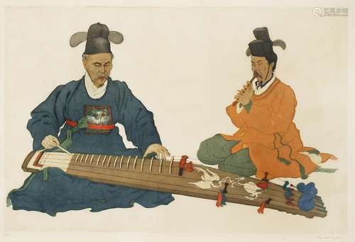 A LITHOGRAPH PRINT BY ELIZABETH KEITH (1887-1956) 20TH CENTURY Depicting two Korean court