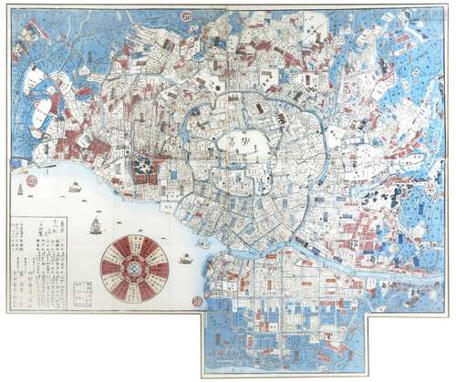 A LARGE JAPANESE PRINTED MAP OF TOKYO MEIJI PERIOD, 19TH CENTURY Orientated to the West and