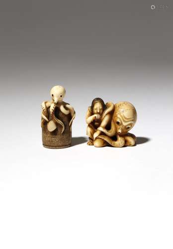 TWO JAPANESE IVORY NETSUKE OF CEPHALOPODS MEIJI PERIOD, 19TH CENTURY One carved as an octopus on