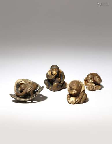 FOUR JAPANESE IVORY NETSUKE OF MONKEYS MEIJI PERIOD, 19TH CENTURY One primate quizzically looking at