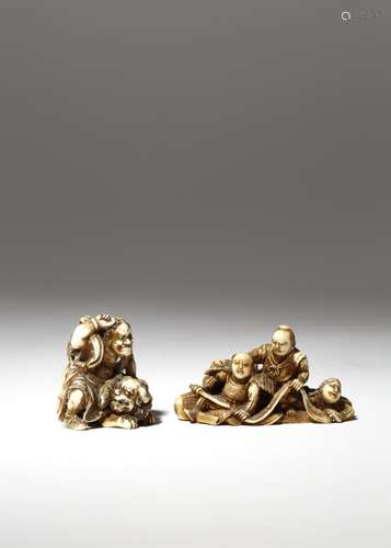 TWO JAPANESE IVORY NETSUKE MEIJI PERIOD, 19TH CENTURY One depicting Gyoja Busho taming a large