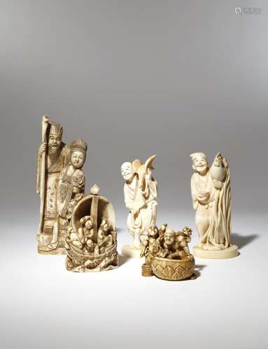 FIVE JAPANESE IVORY CARVINGS, OKIMONO MEIJI PERIOD, 19TH CENTURY One depicting the Seven Gods of