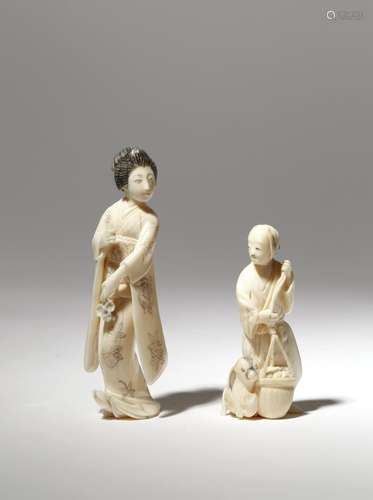 TWO JAPANESE IVORY CARVINGS, OKIMONO MEIJI PERIOD, 19TH CENTURY One depicting a beauty wearing