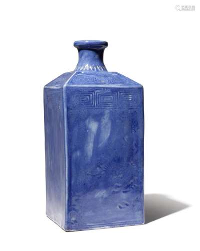A JAPANESE BLUE GLAZED SAKE BOTTLE, TOKKURI MEIJI PERIOD, 19TH CENTURY The tall rectangular body