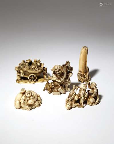 FIVE JAPANESE IVORY CARVINGS OF DEITIES, OKIMONO MEIJI PERIOD, 19TH CENTURY Four variously depicting