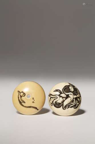 A JAPANESE IVORY MANJU NETSUKE MEIJI PERIOD, 19TH CENTURY The lid depicting a graceful tennin, the