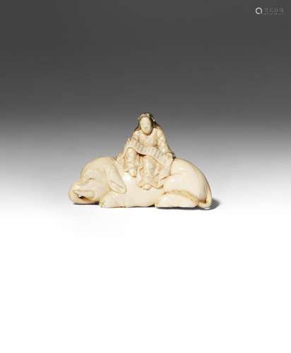 A JAPANESE IVORY NETSUKE OF A BEAUTY MEIJI PERIOD, 19TH CENTURY Carved as Eguchi no Kimi seated on