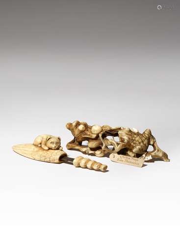 A JAPANESE IVORY OKIMONO AND A LARGE NETSUKE MEIJI PERIOD, 19TH CENTURY The okimono depicting a