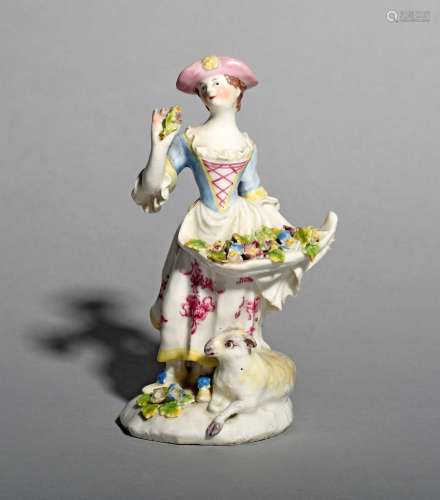 A Bow figure of a young girl, c.1756-58, possibly emblematic of Smell, holding a small posy of