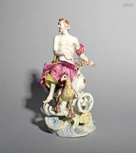 A rare and large Derby figure of Jupiter, c.1760, seated in a two-wheeled chariot beside a large