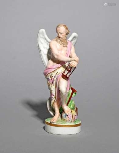 A Derby figure of Old Father Time, c.1780-90, modelled as an old man resting one foot on a globe, an