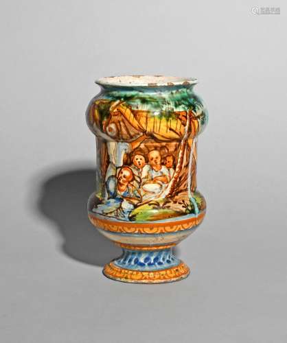 An unusual Italian maiolica albarello, late 16th century or later, of dumbbell form, painted with