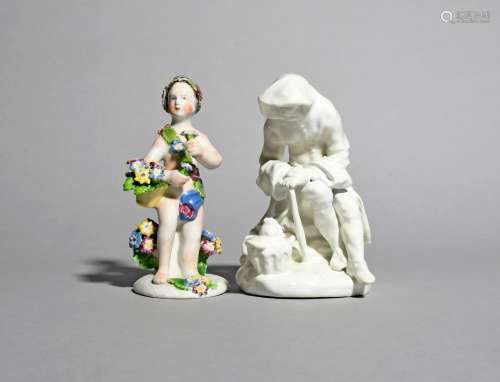 Two Bow figures, c.1756-65, one a white-glazed figure of Winter wrapped in a hooded coat and leaning