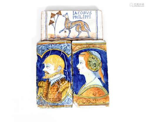 A near pair of maiolica architectural tiles or panels, 19th century, the rectangular forms painted