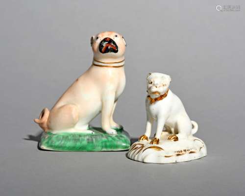 Two Derby models of pug dogs, c.1770-90, both seated on their haunches, one on a rectangular