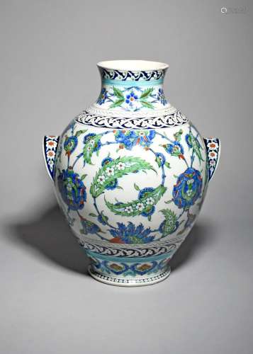 A large Cantagalli Iznik-style two-handled vase, late 19th century, the baluster body painted in