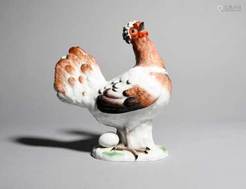 A Meissen model of a chicken, modern, standing with neck arched slightly back and head turned, an