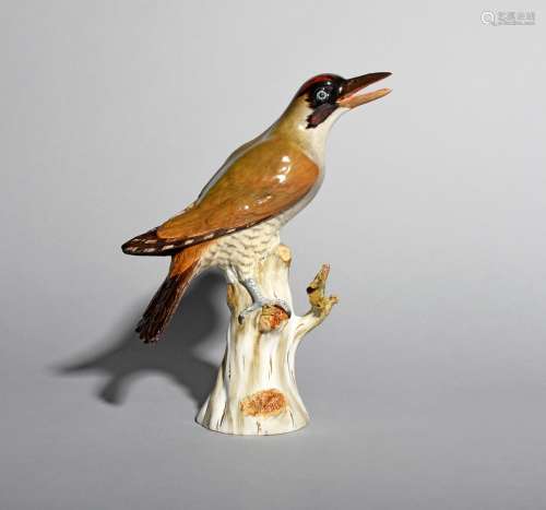 A Meissen model of a green woodpecker, 19th century, perched on a tree stump with head turned to