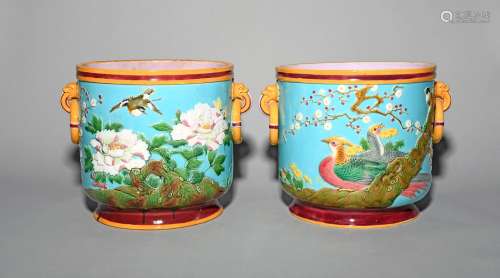 A large pair of Minton Majolica jardinières, date codes for 1871, the generous rounded forms