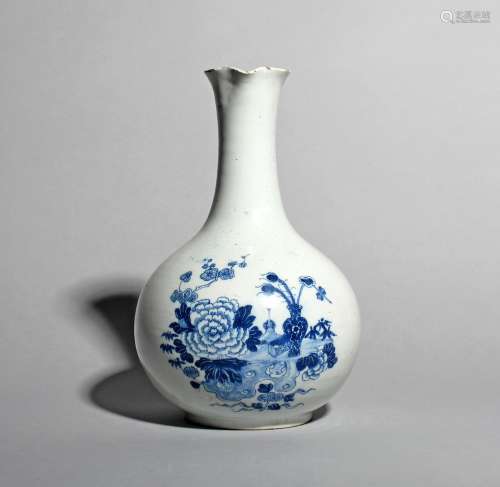 A Dublin delftware water bottle or guglet, c.1760, the rounded body painted in blue to two sides