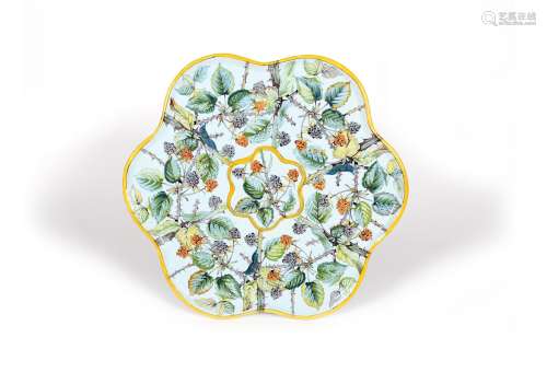 A massive hexagonal Porquier-Beau (Quimper) botanical tray, late 19th century, designed by Alfred