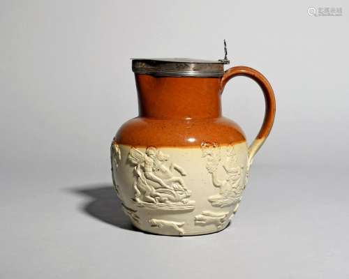 A Derbyshire brown stoneware silver-mounted hunting jug, c.1873, J. Bourne & Son, sprigged with St