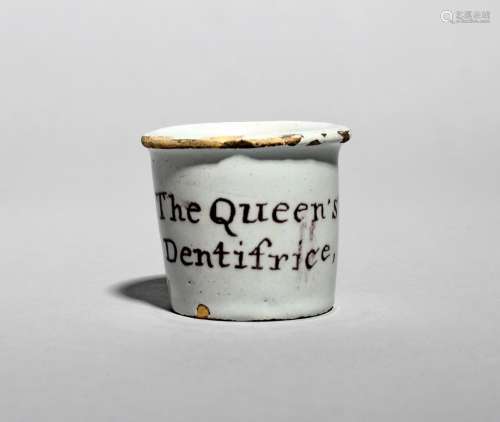A rare English delftware ointment pot, c.1775, of small cylindrical form with an everted rim,