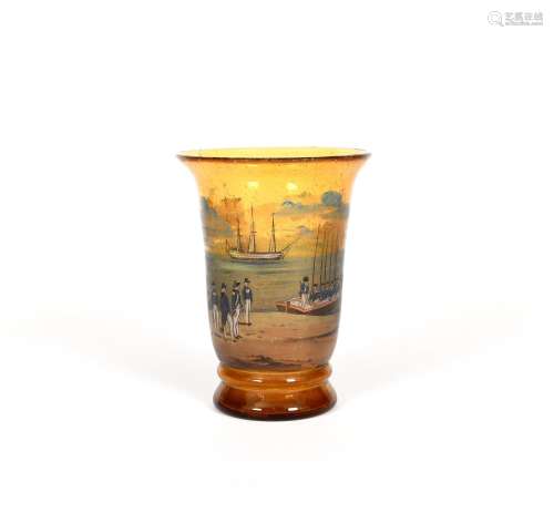 A soda glass vase, 19th century, the amber body enamelled with a continuous scene of British naval
