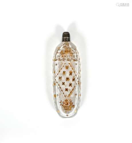 A glass cut glass scent bottle, late 18th century, of flattened oval form, gilded probably in the