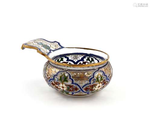 An enamelled glass wine taster, 19th century, probably Russian, the squat circular form finely