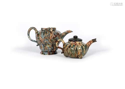 Two solid agateware teapots, c.1755, one of inverted baluster form with shell moulding and a faceted