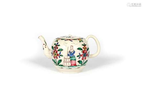 A Staffordshire salt-glazed teapot and cover, c.1760, painted in bright enamels with a lady using