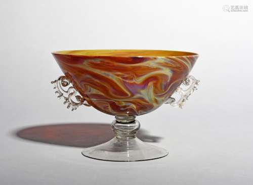A Venetian Chalcedony footed bowl, 17th century or later, the wide funnel bowl marbled with