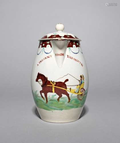 A pearlware beer jug and cover, c.1790, painted by William Absolon of Yarmouth with a couple